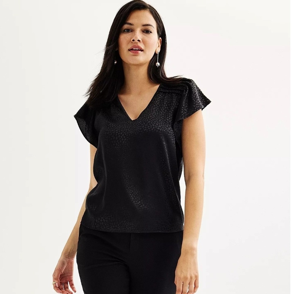 Nine West Blouse Womens M Black Animal Jacquard Pleated V-Neck Career Chic Top